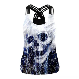Women's gothic skull print criss-cross tank top front view, sleeveless design with cracked skull pattern, white-blue color option