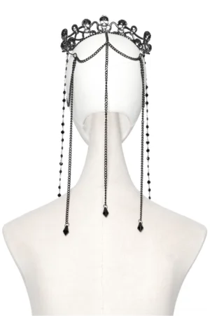 Back view of black gothic skull crown headpiece featuring cascading chains with black teardrop pendants and matte black metal finish on mannequin