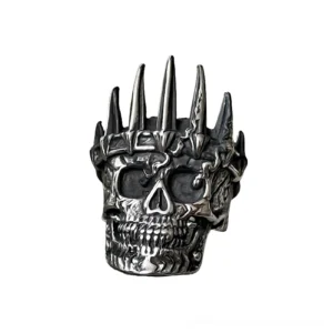 Dark silver gothic skull ring with crown frontal view engraved skull facial textures aged metal finish