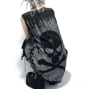 Gothic skull dress back view on model with silver hair - rear skull pattern detail