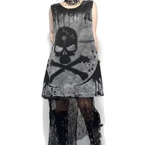 Dark gray skull print sleeveless gothic dress front view on model - black crossbone graphic print