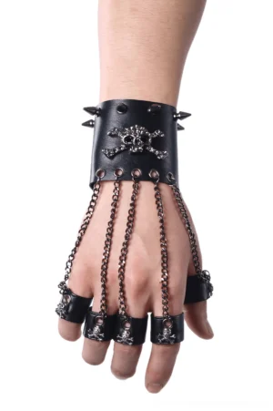 Black gothic skull fingerless gloves back view with metal skull ornament and spiked wrist strap