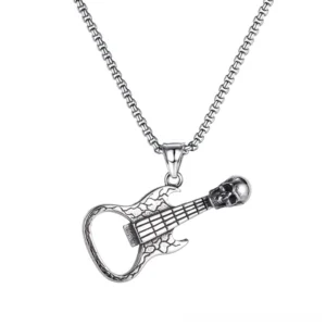 Skull guitar stainless steel pendant necklace front view gothic jewelry for men