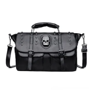 Black gothic skull leather handbag front view with rivet decoration and skull emblem design