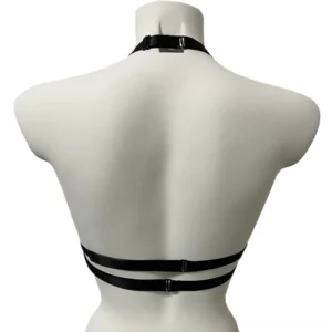 Adjustable gothic harness bra back view showing buckle closure straps and harness construction