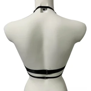 Gothic transparent bra back view showing dual adjustable straps and halter neck configuration with skull embroidery details