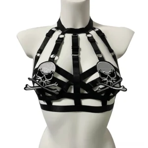 Black gothic skull harness bra front view with silver skull embroidery patches and adjustable elastic straps
