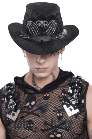 Black gothic wide brim hat with skull lace and metal spike trim worn by male model, front view with skeleton hand appliques