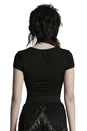 Black gothic t-shirt back view showing ruched waist and chain tassel decoration