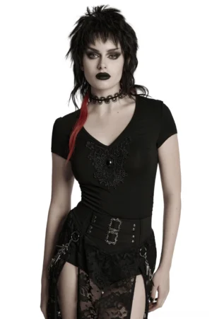 Black skull lace V-neck gothic t-shirt front oblique view on model with ruched waist detail