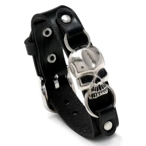 Black leather skull bracelet with antique silver metal skull ornament, gothic cuff bracelet studio view