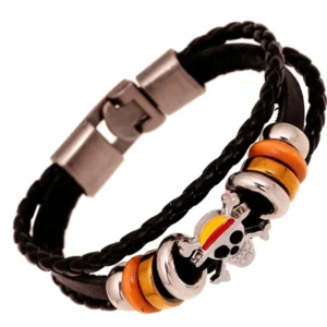Black braided PU leather gothic skull bracelet with alloy skull charm and wooden beads, side close-up view on white background