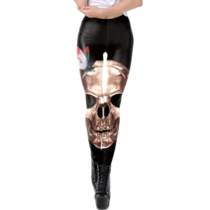 Front view of gothic skull print leggings featuring large golden skull with butterfly accents, high-waisted silhouette, digital print design on black fabric