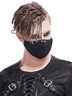 Gothic skeleton mesh face mask worn by male model in black leather punk outfit showing upper body styling