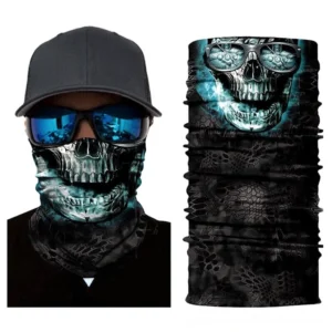 Black gothic skull neck gaiter with glowing blue skull and glasses design - front view worn by model