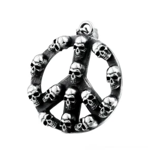 Gothic skull peace symbol pendant in stainless steel, top-down view showing intricate 3D skull details around peace logo