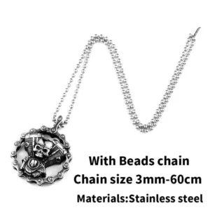 Gothic skull motorcycle engine pendant on 3mm beaded chain - 60cm length stainless steel necklace in vintage silver finish