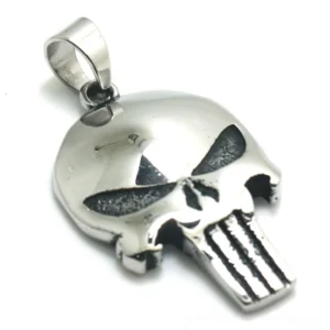 Gothic stainless steel skull pendant with engraved grimace face, front three-quarter view showing polished silver finish and detailed facial features