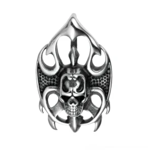 Gothic skull pendant stainless steel close-up front view with hollow flame frame design