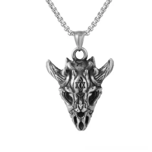 Horned skull gothic pendant necklace hanging view - hexagram Star of David detail on forehead with aged silver finish