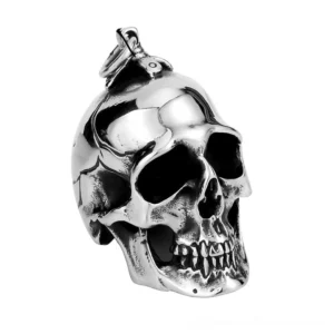 Large 3D carved skull pendant necklace with gothic bail detail stainless steel