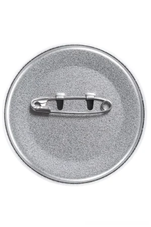 Reverse side view of gothic skull enamel pin showing brushed silver metal safety pin clasp backing