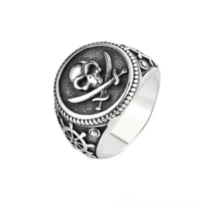 Vintage Silver Pirate Skull Ring - 3/4 Side View Gothic Signet with Crossed Sabers and Ship Wheel Band