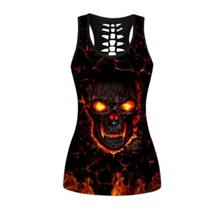 Black gothic skull print tank top with fiery glowing skull graphic and delicate lace hollow skeleton spine back design on white background