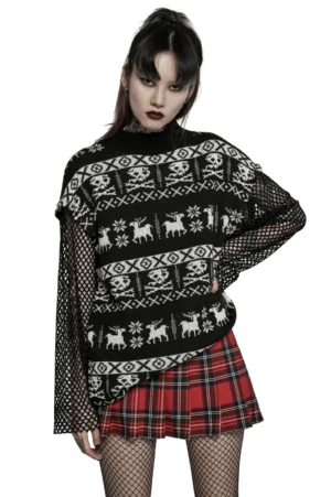 Skull jacquard gothic pullover with detachable fishnet sleeve - front view on model wearing punk fashion styling
