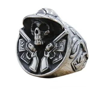 Skull cowboy revolver gothic ring front angled view showing crossed revolvers and skull with cowboy hat