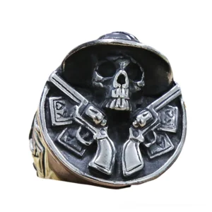 Skull cowboy revolver gothic ring direct front view showcasing detailed embossed western design