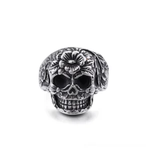 Memento mori floral skull ring silver stainless steel gothic statement jewelry front view with intricate carved flower patterns