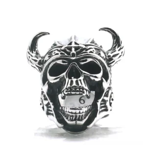 Gothic skull ring direct front view detailed open mouth design with cross emblem on helmet
