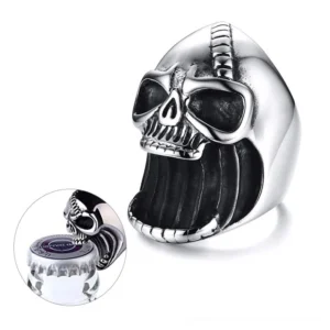 Multi-angle skull ring display showing bottle opener function detail, silver stainless steel with black accents