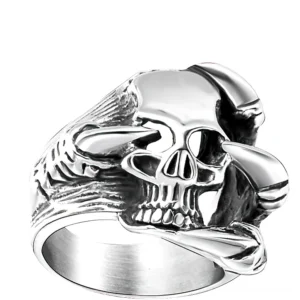 Stainless steel gothic skull ring side profile with intricate carved skull details