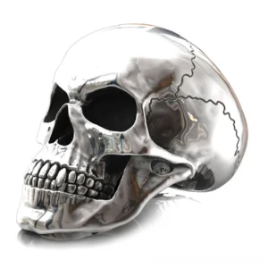 Cracked skull gothic ring oblique view showcasing intricate skull suture texture and polished silver finish