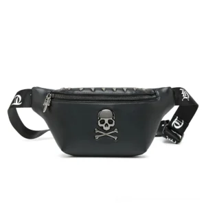 Black gothic skull crossbody waist bag with silver rivets and studded zipper, front flat lay view on white background