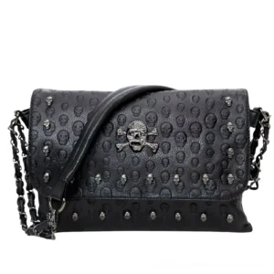 Black skull emboss rivet gothic leather crossbody handbag front view