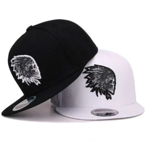 Black and white gothic skull embroidered snapback baseball caps front view, flat brim design
