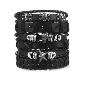 Black gothic leather bracelet set with skull and star designs, six-piece collection displayed flat lay on white background showing braided and rope chain details