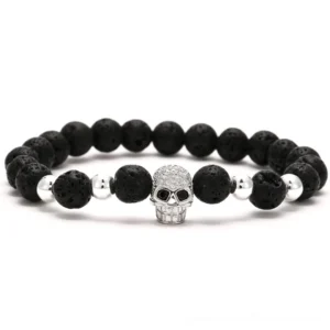 Gothic skull beaded bracelet with silver metal accents and natural lava stone beads – unisex dark fashion accessory