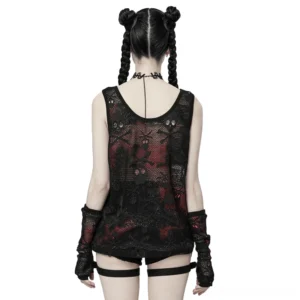 Gothic skull mesh tank and fingerless gloves set rear view displaying back skull print design and low-cut back
