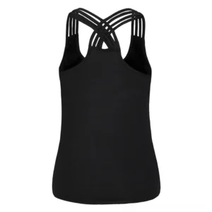 Gothic skull tank top back view showcasing criss-cross hollow back straps, black sleeveless tank with matte finish