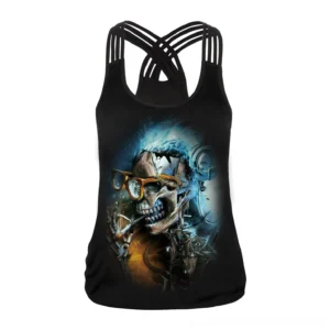 Black gothic skull tank top with colorful skull graphic print and crisscross back straps - front view