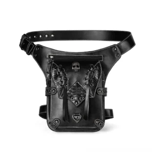 Black Gothic skull leather waist bag with rivets and lace-up front design - flat product view