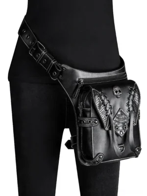 Gothic skull leather waist bag worn on hip - styling wearing perspective