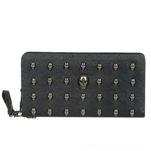 Front view of black PU leather gothic wallet featuring grid pattern of silver skull studs, prominent central skull ornament, and secure zipper closure