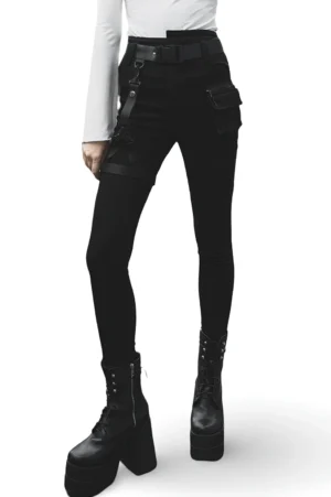 Gothic detachable belt slim denim jeans front view on model with thigh straps and platform boots