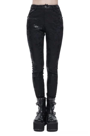 Black crack print gothic slim fit pants front view with side buckle accents on model wearing platform boots