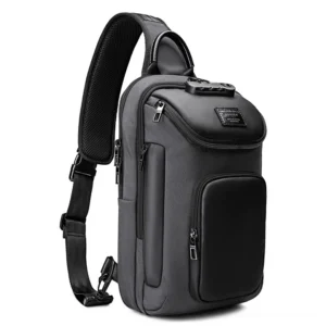 Dark grey and black two-tone gothic sling shoulder bag with adjustable padded strap